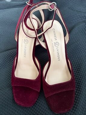 Chinese Laundry Burgundy Velvet Open-Toe Ankle-Strap Heels